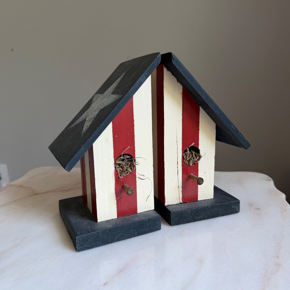 Americana Wooden Birdhouse Bookends Patriotic USA Star Farmhouse Decor